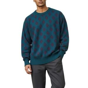 Vintage Turquoise Red Diamond Sweater Mens Sz Small 80s Normcore Artsy Retro Ski